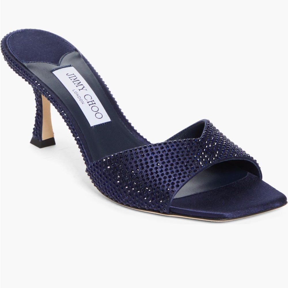 Jimmy Choo Navy Blue Crystal Embellished Satin Mules